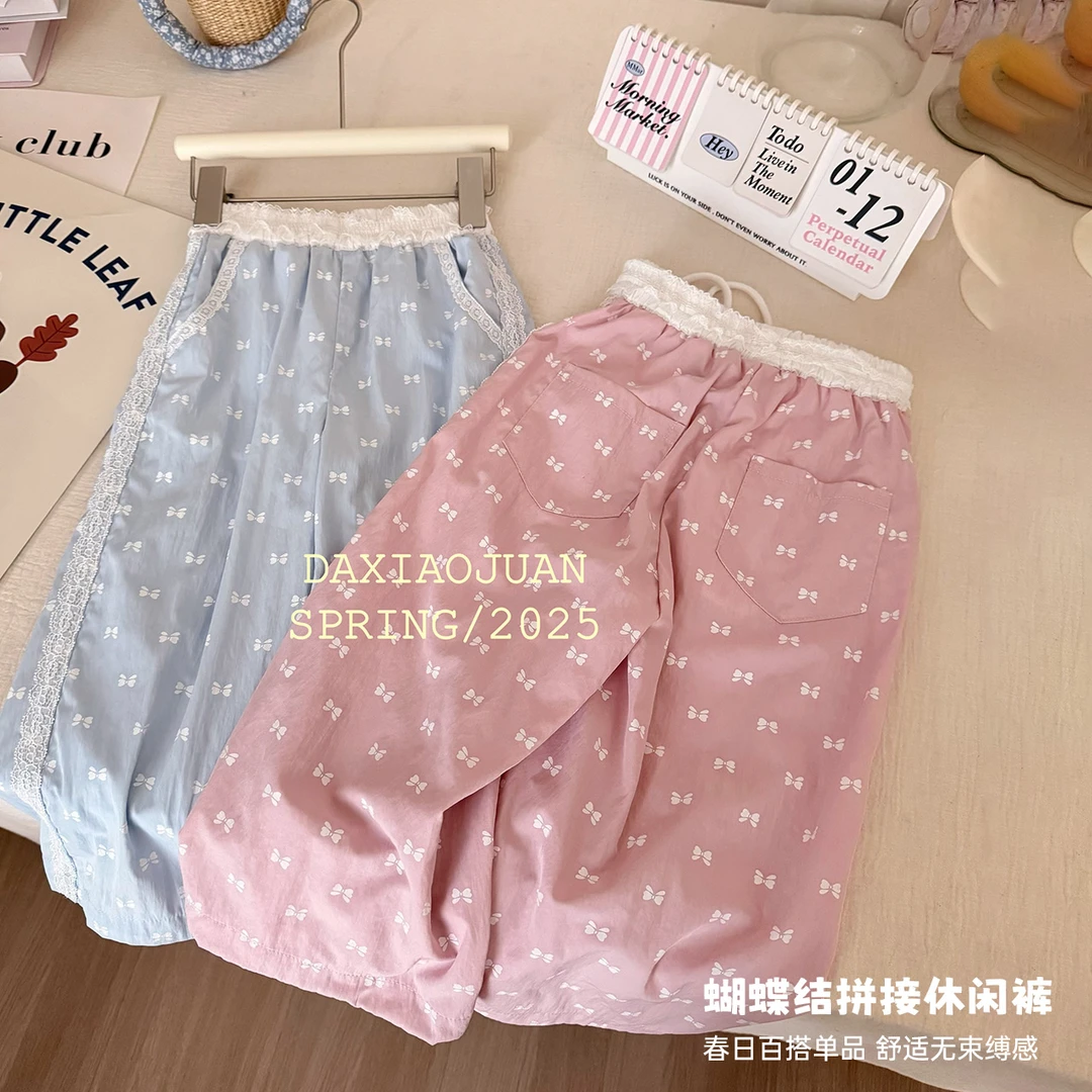 现货【大小卷】儿童夏季花边蝴蝶结女宝直筒裤-70698