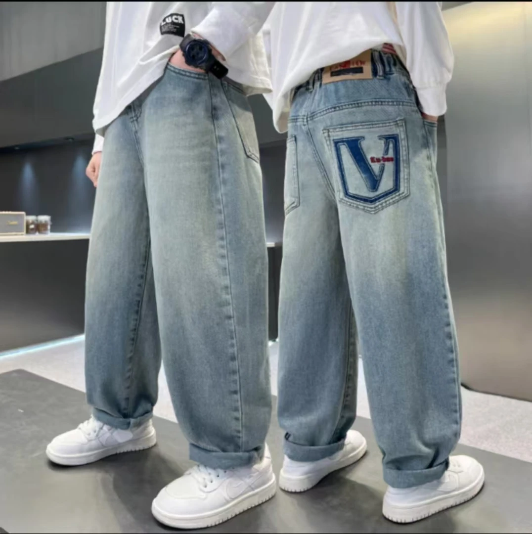 春装上新2025新款洋气儿童宽松后兜红标长裤中大童休闲牛仔裤9030