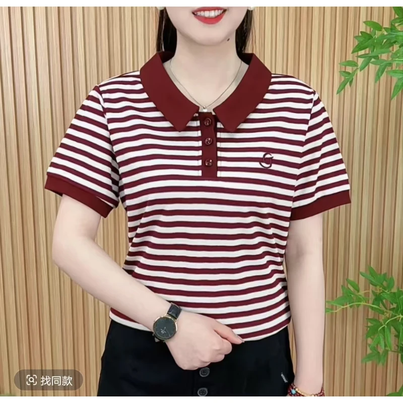2025条纹女士t恤短袖薄款夏季翻领时尚百搭显瘦遮肚休闲减龄上衣