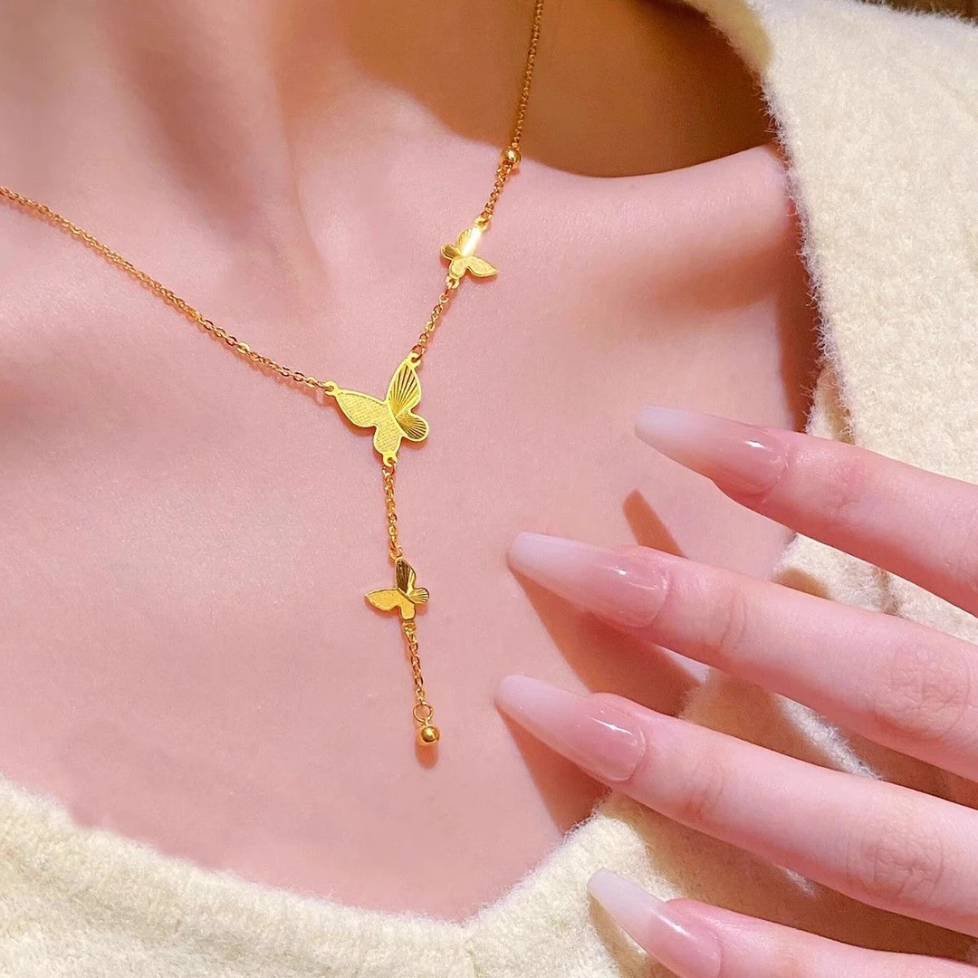 坠链均足银 三只蝴蝶流苏套链