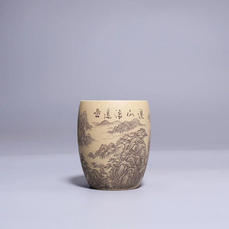 宜兴紫砂小杯本绿圆鼓溪山清远