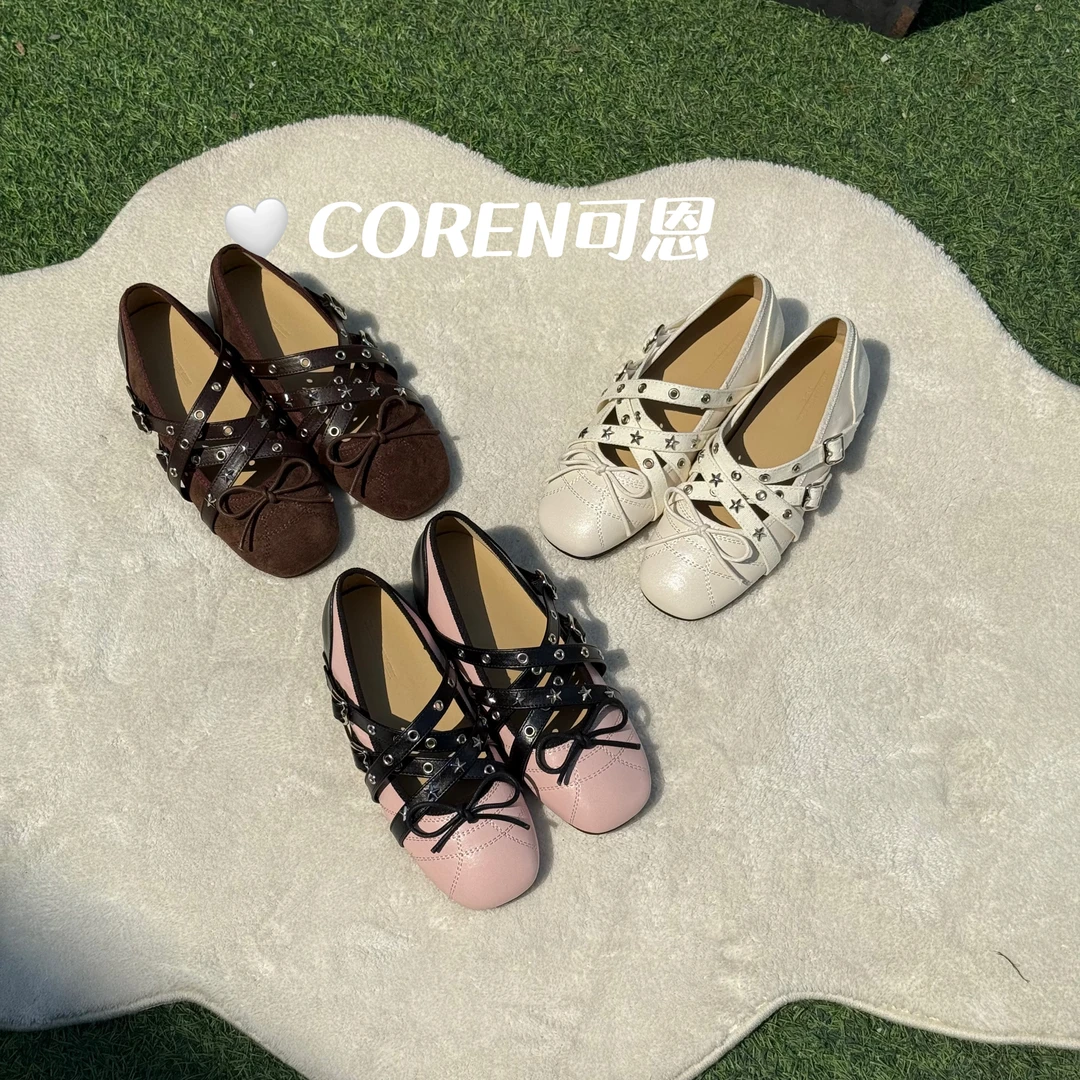 韩国内增高牛皮法式小香风交叉带玛丽珍蝴蝶结铆钉芭蕾舞单鞋