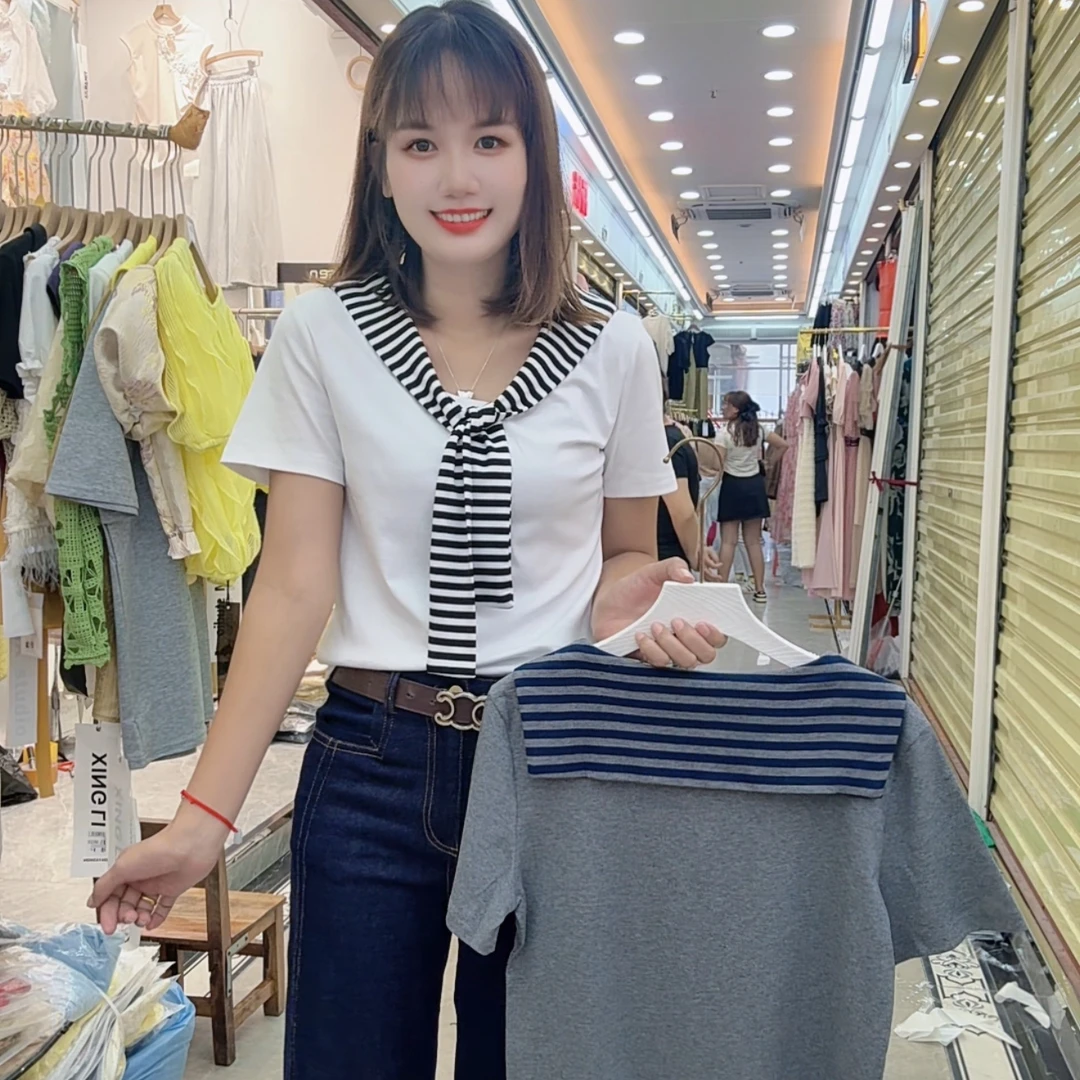 0618（美姿）新款特色条纹海军领洋气时尚潮流气质短袖休闲上衣