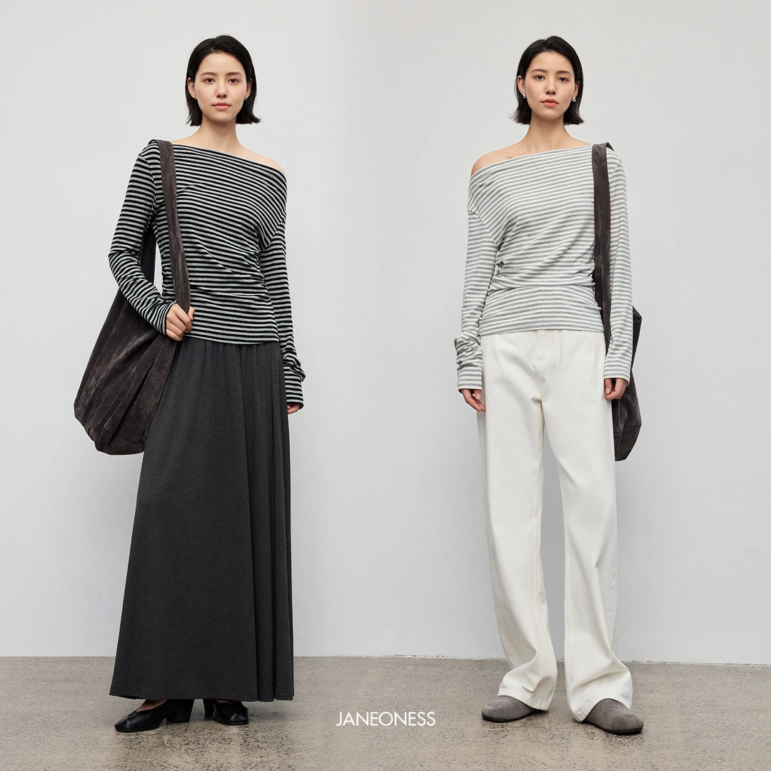JANEONESS 天丝羊毛条纹撞色斜肩一字领两穿修身长袖针织上衣T恤