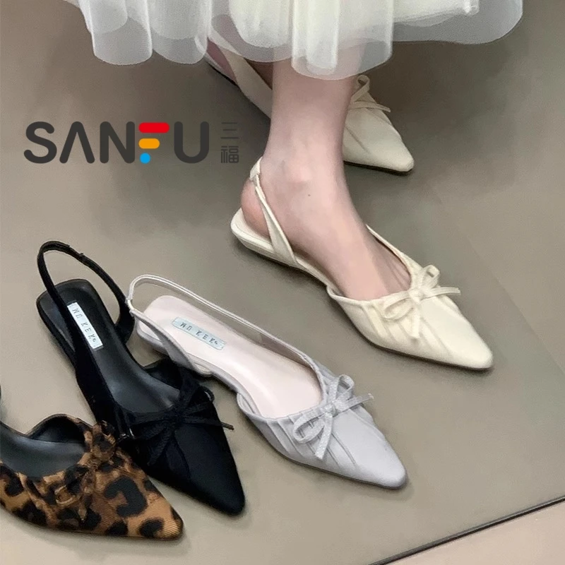 三福法式气质尖头单鞋女2025年夏季新款包头凉鞋女仙女平底鞋女鞋