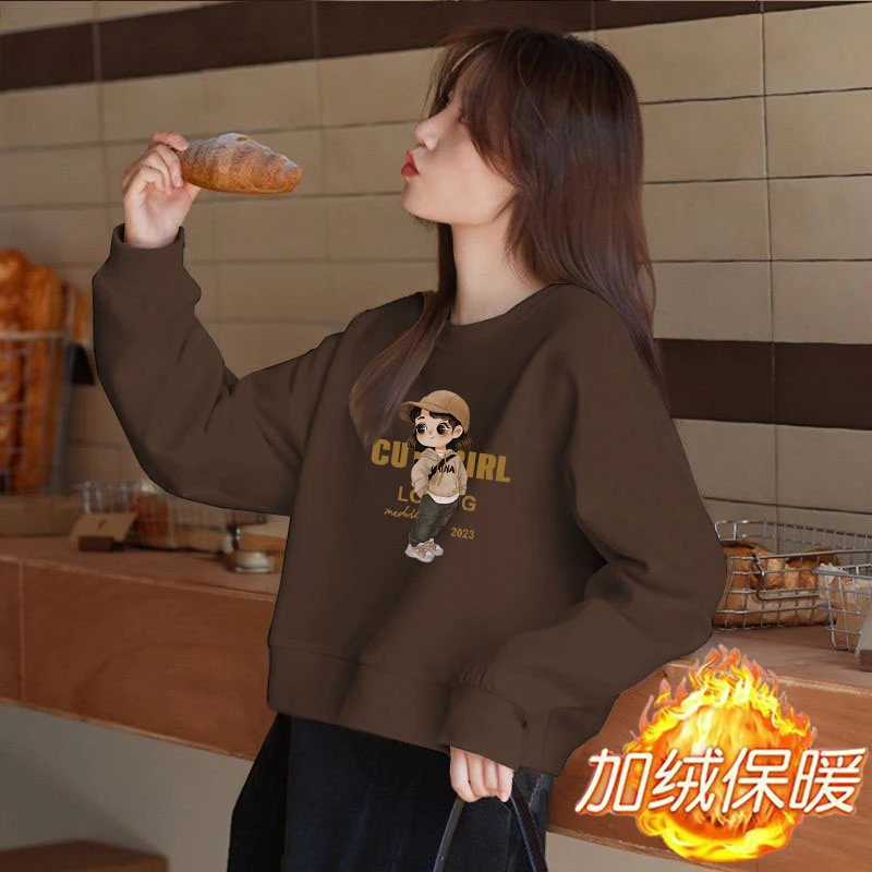 加绒/不加绒大码设计感华棉圆领卫衣女印花减龄洋气百搭短款外套