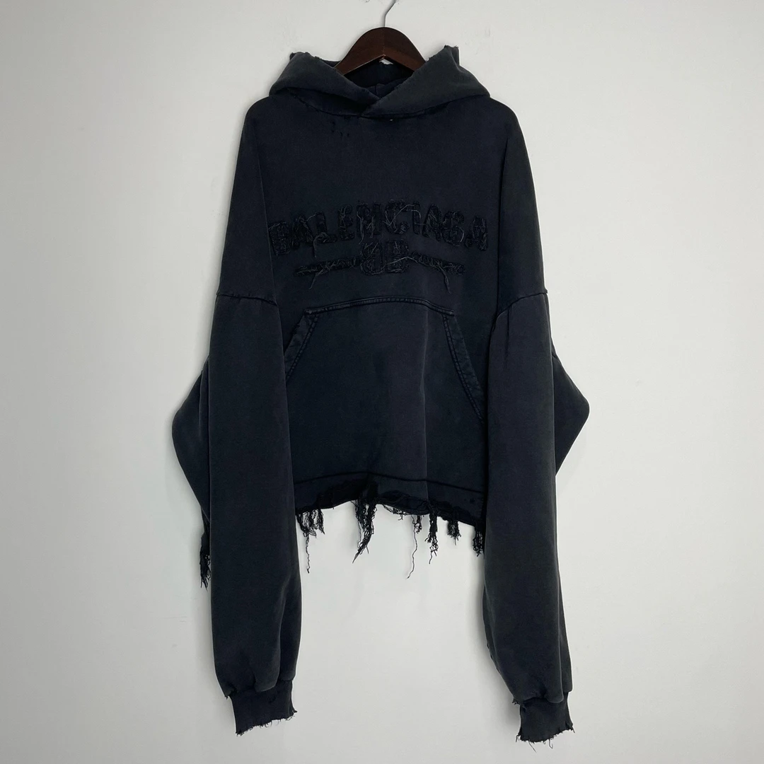 未使用 Balenciaga/巴黎世家 （vd）25ss下摆破坏做旧短款帽衫0583