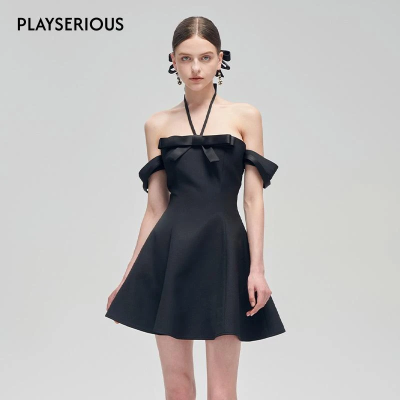 【杨超越同款】Fa sogno 珐颂 25春夏新款黑色露肩挂脖斜纹小礼裙女