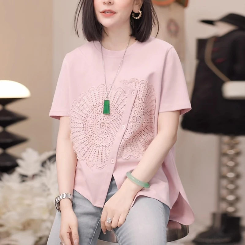 粉色圆领短袖t恤女士2025夏季时尚洋气宽松显瘦设计感不规则上衣