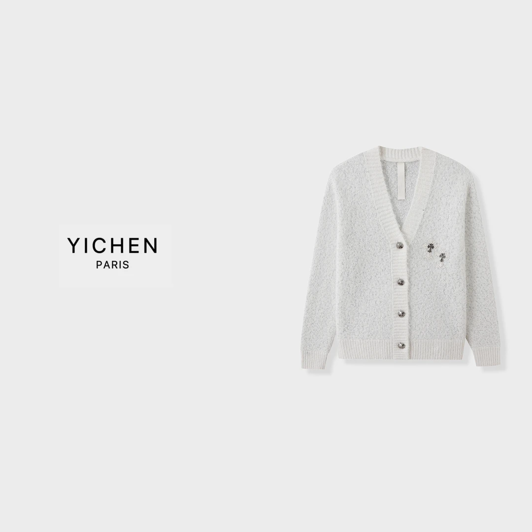 YC 奶油纱C H 徽标装饰V领羊毛针织外套-2998