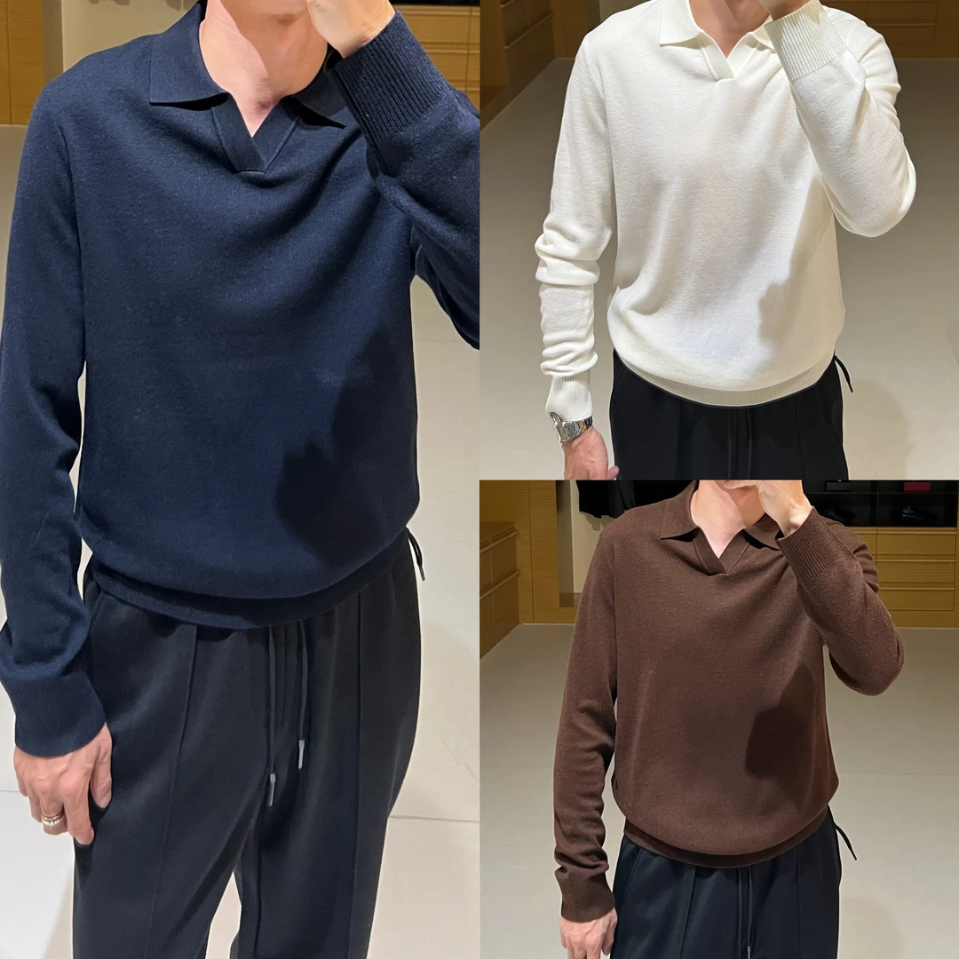【嵿奢老钱】25SS L*P羊*毛山羊绒16针双股针织海鸥领长袖polo衫男