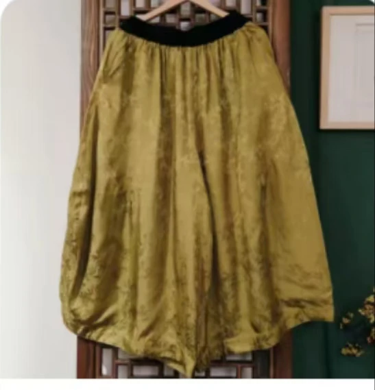凤徕兮私人定制芥子黄竹叶花暗纹全松紧花苞裤（SK5322）单