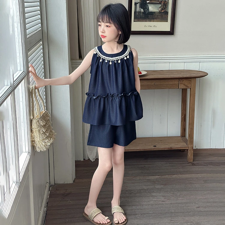 新款夏季女童韩版纯色吊带短裤休闲套装2025新款女孩洋气质两件套