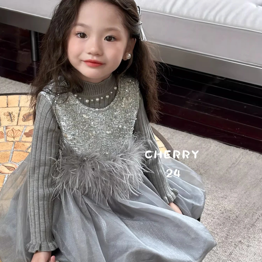 巴拉童年Cherry女童连衣裙秋冬季儿童洋气花苞裙女童名媛风生日礼