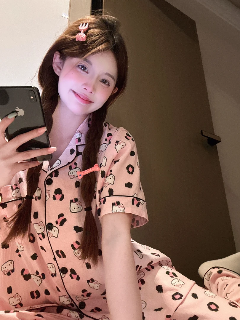 夏季甜美少女睡衣翻领薄款韩版大码云朵棉柔软透气三件套装家居服