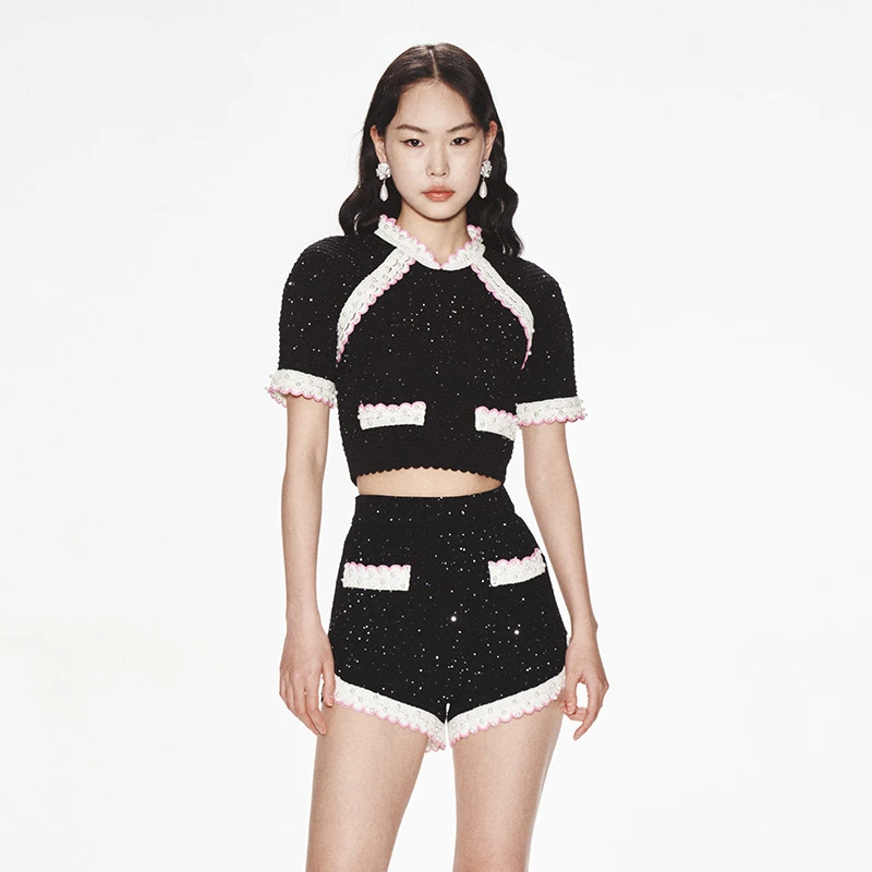 【蜜思仝】LE FAME/拉飞姆华丽闪亮珠片点缀短袖针织上衣