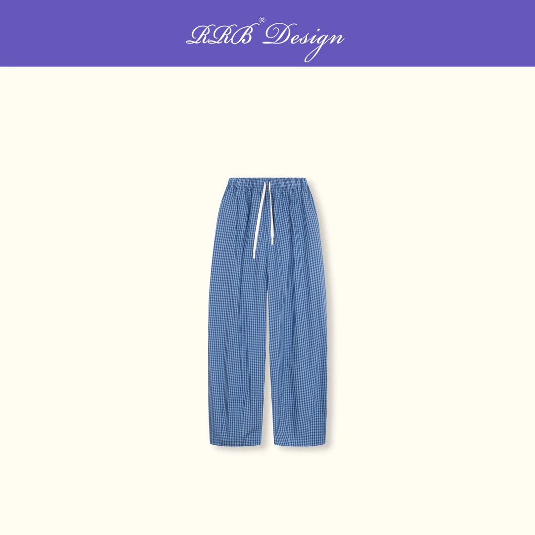 RRB Design「时髦休闲」时髦随性100%棉宽松百搭蓝格纹松紧腰格子裤