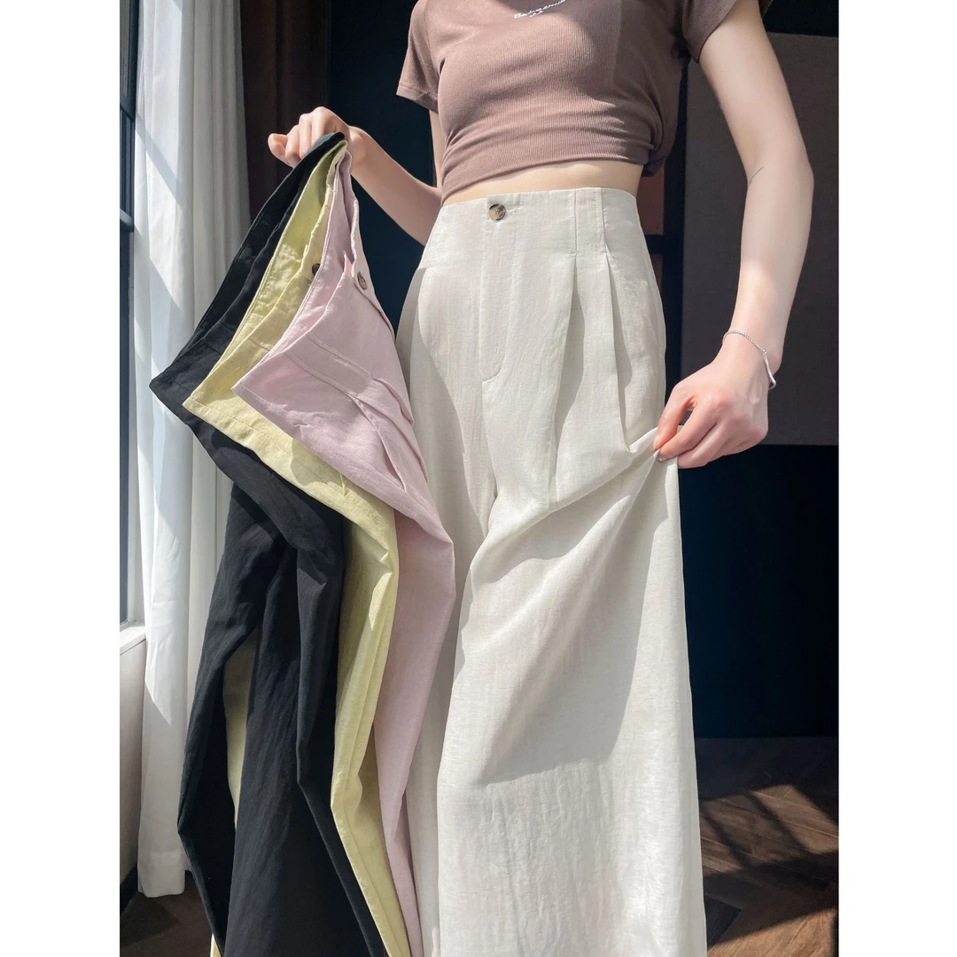 拉夏贝尔天丝亚麻阔腿裤女2025夏季新款高腰宽松休闲棉麻拖地裤