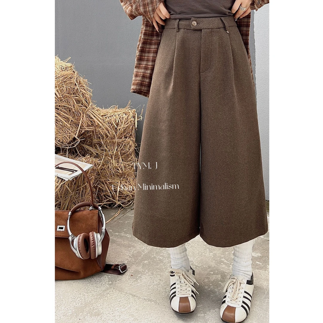 【no退no换 谨慎下单】毛呢阔腿裤女高腰压褶七分裤中裤 K24681