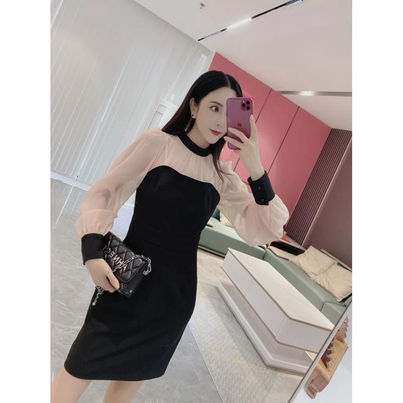 Y【橦颜推荐】短款拼纱拼色收腰显瘦连衣裙6533