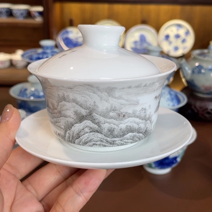 刚*好手工手会墨画盖碗