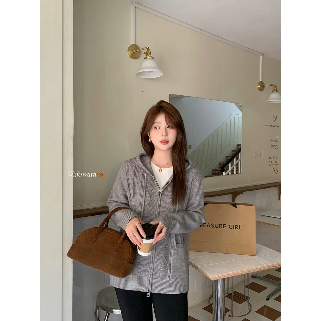 现货6676D大婉酱微胖定制灰色连帽针织衫女秋冬宽松百搭休闲毛衣