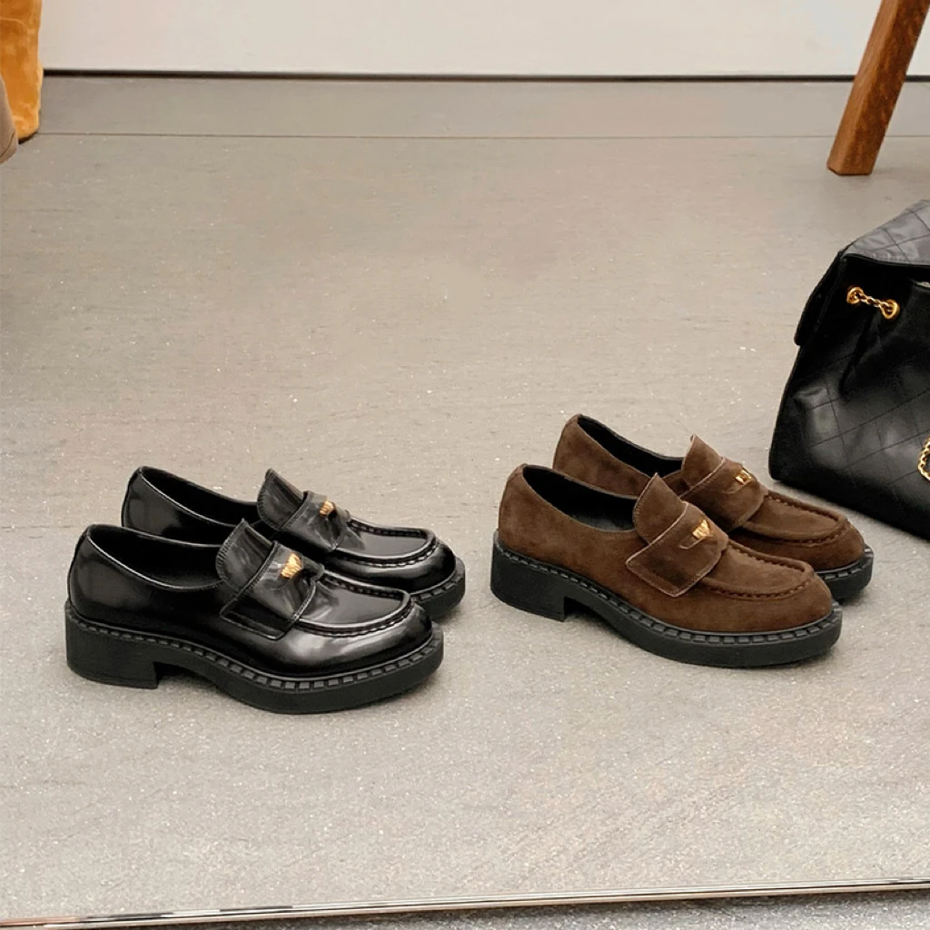 羊皮版~黑色金币乐福鞋厚底2025新款一脚蹬小皮鞋复古粗跟单鞋