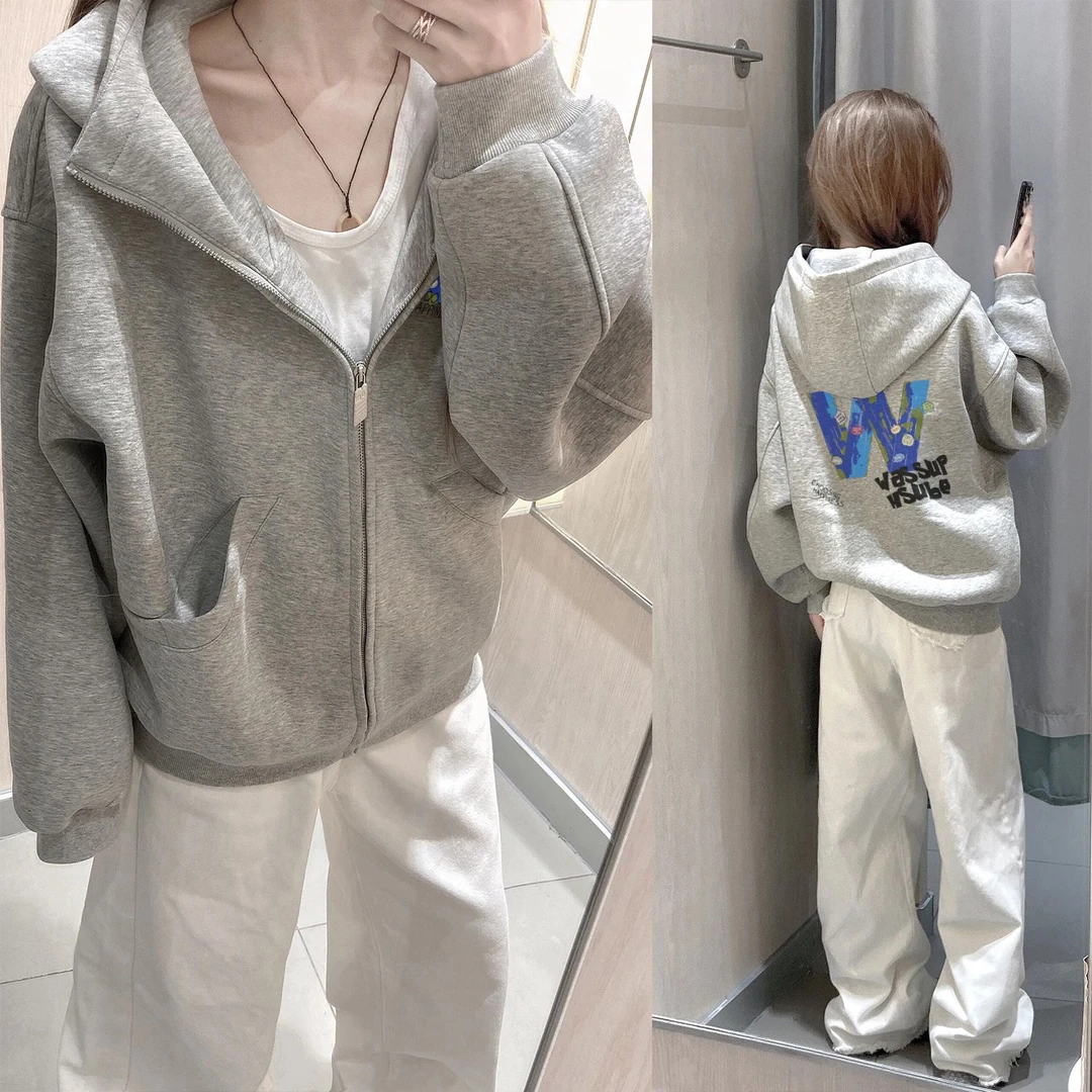 WASSUP HSUBE百搭印花长袖艺术字母秋冬宽松潮流拉链连帽情侣上衣