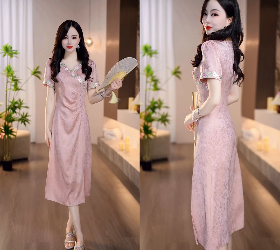 2025夏季新款皮粉色晕染缎面提花新中式旗袍显瘦气质连衣裙M-4XL