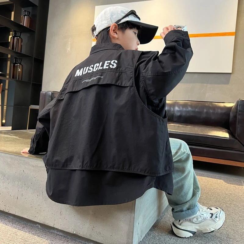 男童外套假两件春秋款2025新款儿童中大童装韩版宽松百搭工装上衣