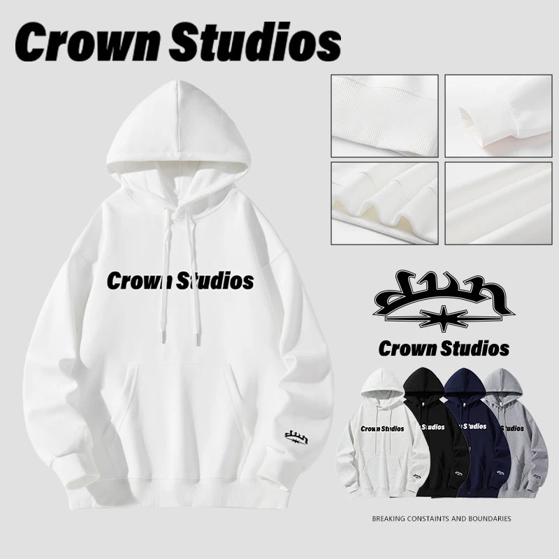 CrownStudios“26New”新款美式复古基础字母印花秋冬长袖卫衣连帽