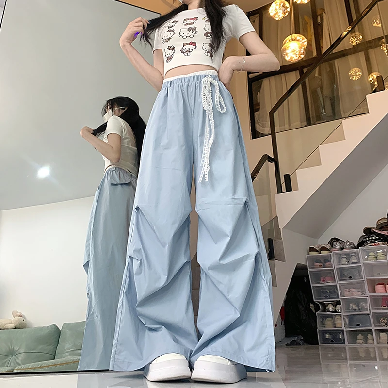 冰丝阔腿长裤韩系拼色个性飘带工装裤女夏慵懒感宽松多巴胺伞兵裤
