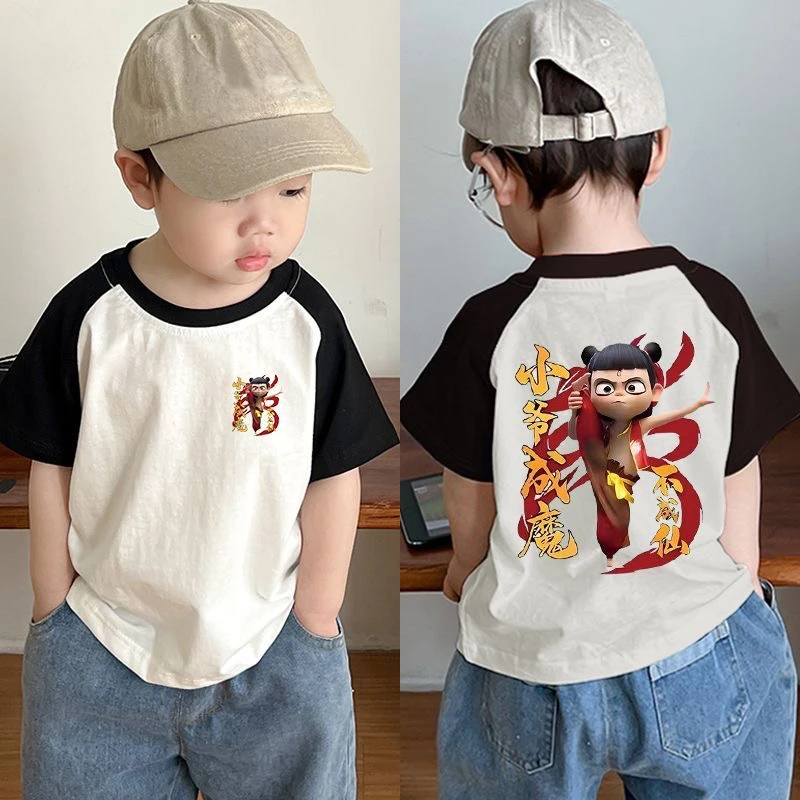 纯棉儿童短袖T恤女童小童夏季卡通新款哪吒印花洋气男童打底上衣