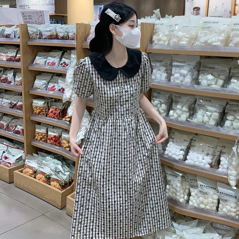 少女花朵波点可爱娃娃领时尚格子连衣裙泡泡袖收腰系带显瘦长裙子