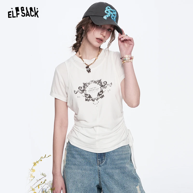 5075【毛毛】妖精的口袋假两件印花白色短袖t恤女修身显瘦裤子