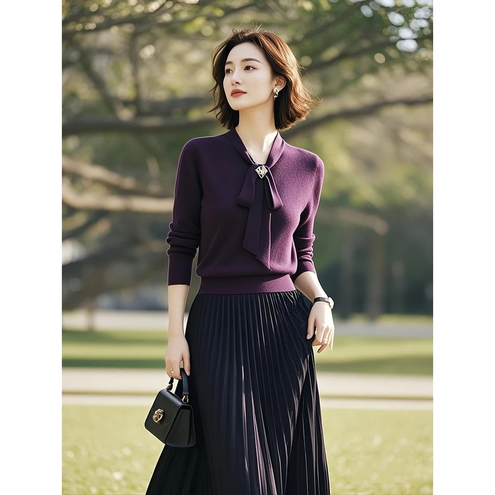2025春秋季穿搭一整套气质轻熟高级感针织衫+百褶半身裙两件套女
