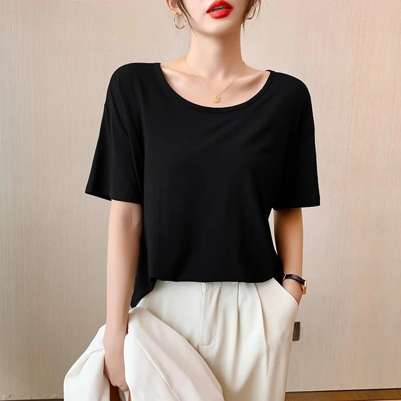 黑色冰丝莫代尔宽松短袖t恤女圆领夏季低领大码薄款上衣女TR6145
