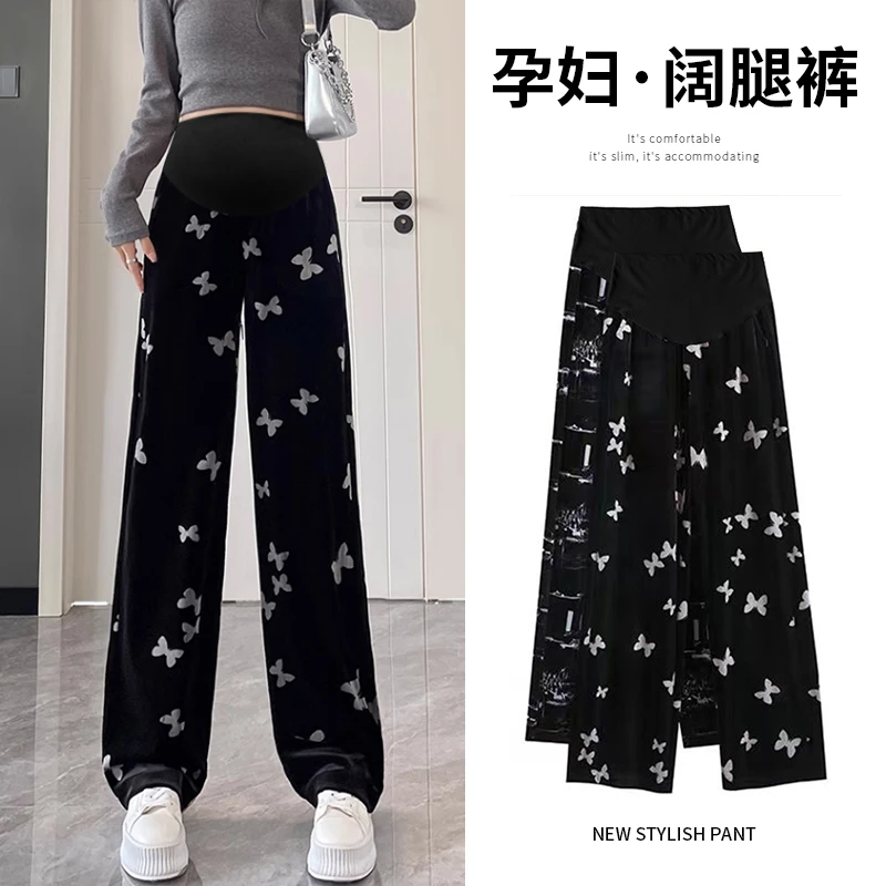 现货2025孕妇裤春秋季外穿窄版阔腿裤金丝绒压花工艺长裤直筒裤