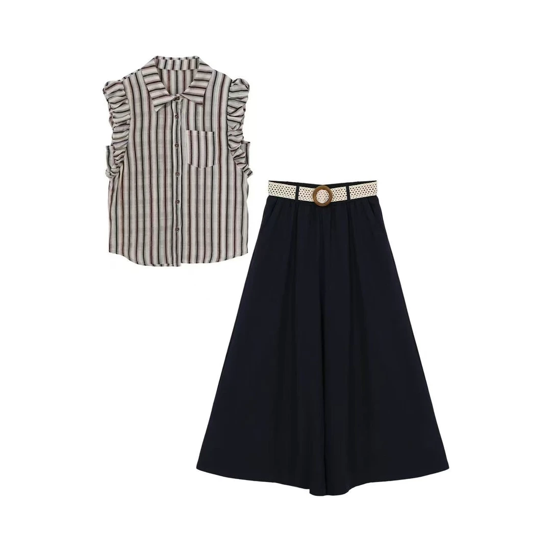 【丽公主专属】条纹小飞袖衬衫+高腰阔腿裤两件套女【送腰带】2568#