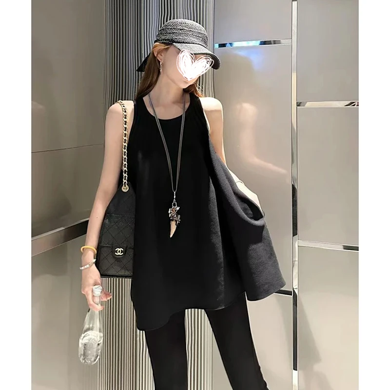 2820时髦甜美蓬蓬下摆无袖针织上衣松紧高腰百搭防晒微喇裤套装