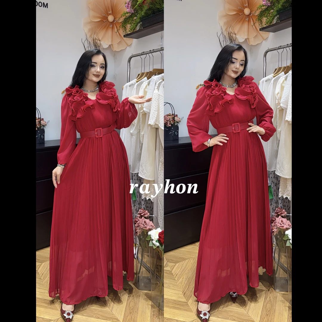 Rayhon高腰长袖收腰显瘦法式气质立体百褶复古长裙