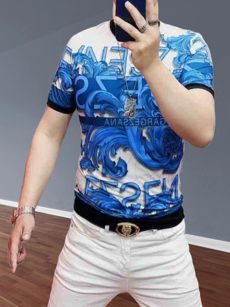 夏季男士新款时尚潮流个性休闲印花短袖帅气百搭修身薄款圆领T恤