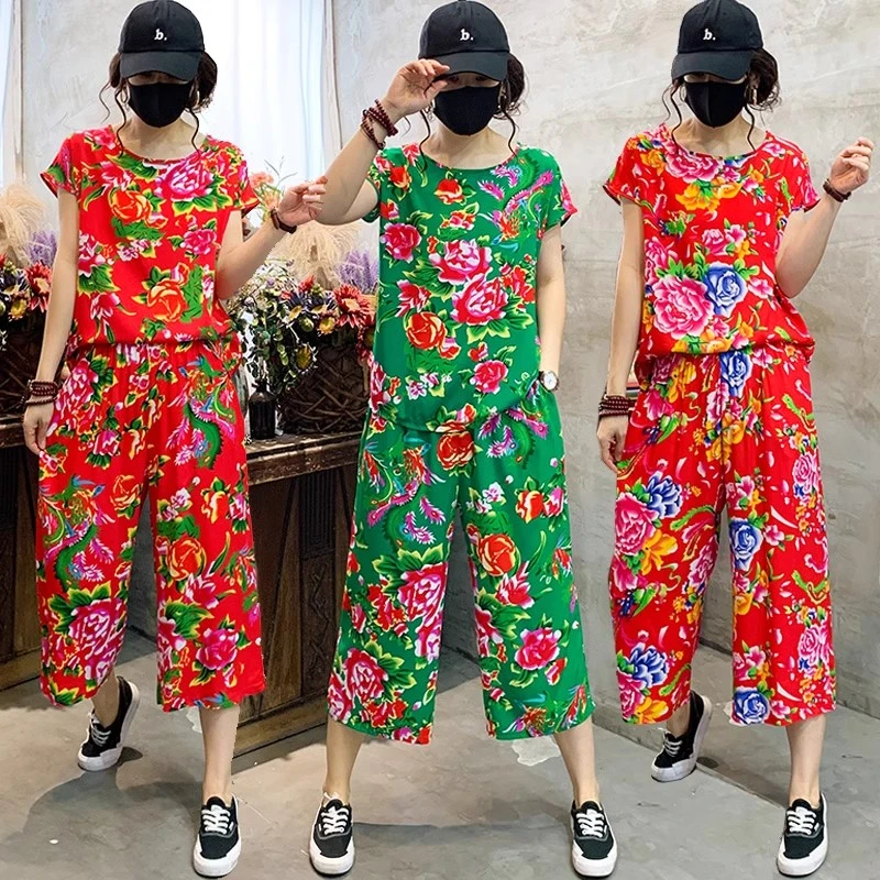 东北大花短袖中裤棉绸睡衣套装民族风舞蹈演出服夏季薄款家居服