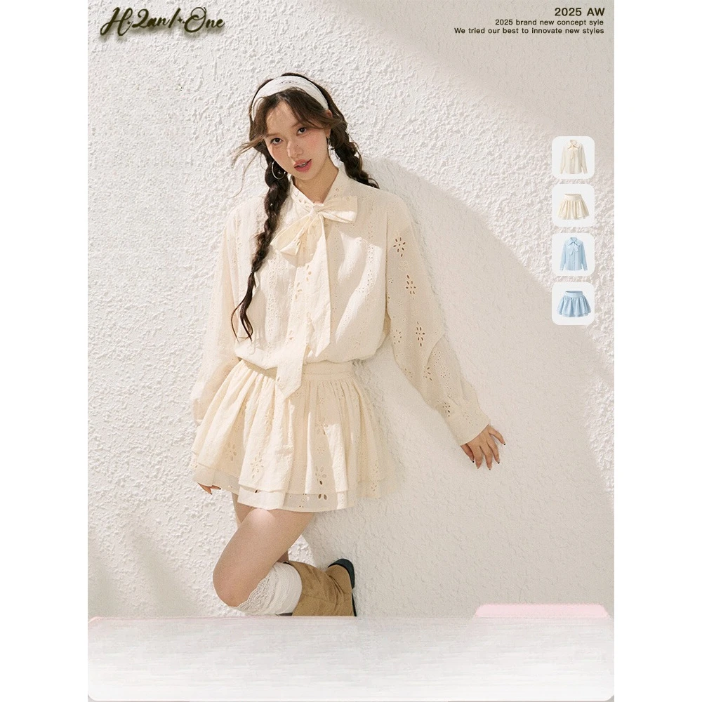 【小宇专属】镂空花朵飘带领衬衫女外套显瘦蛋糕裙半裙套装8528欧