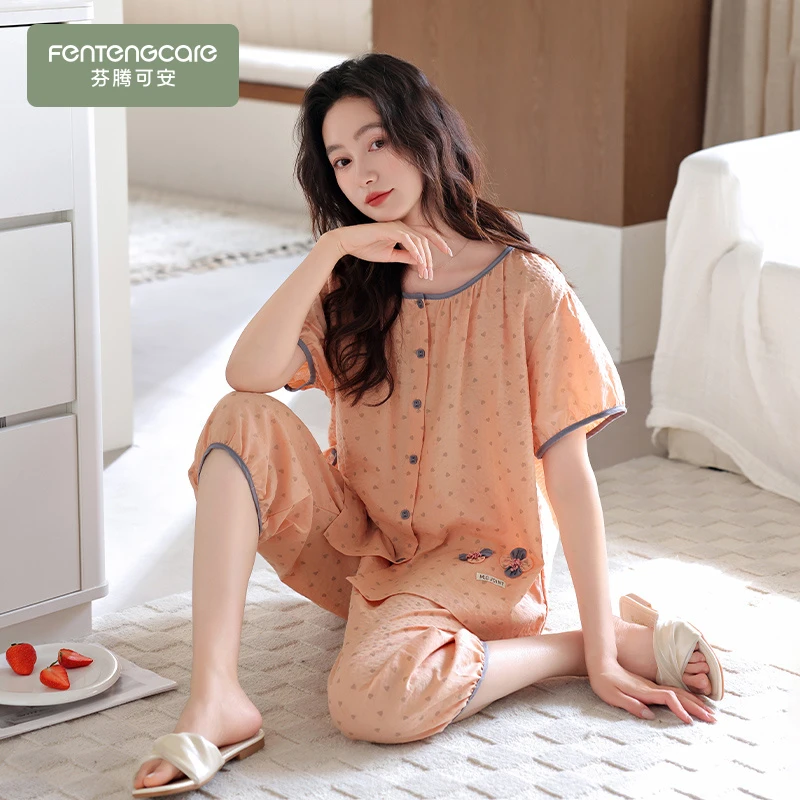 芬腾可安100%纯棉梭织薄款短袖夏季七分裤睡衣新款甜美大码家居服