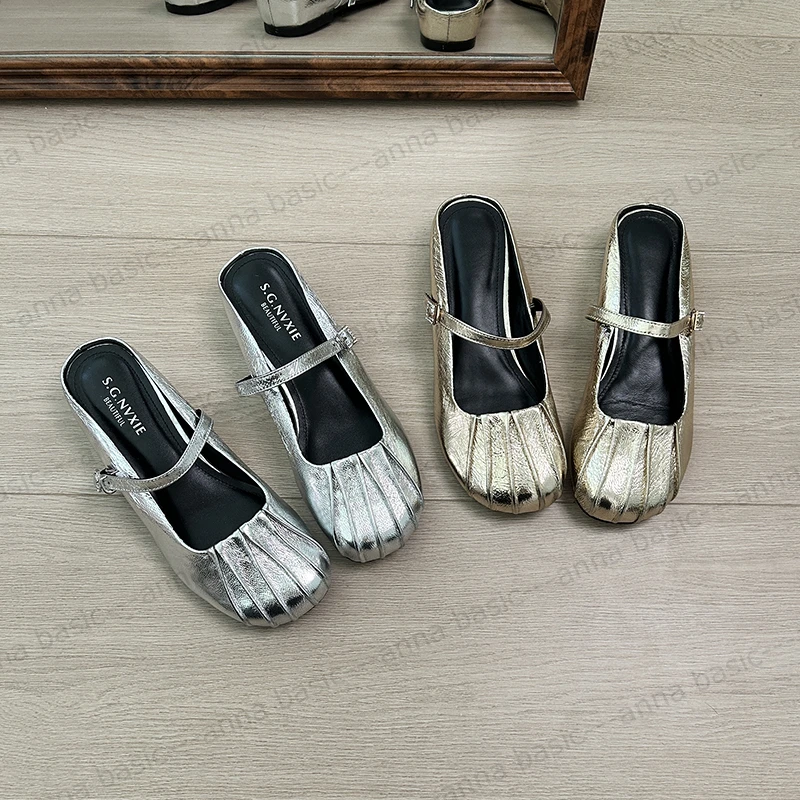 3cm/ALK2013牛皮包头半拖鞋女外穿夏季圆头一字带内增高凉拖真皮