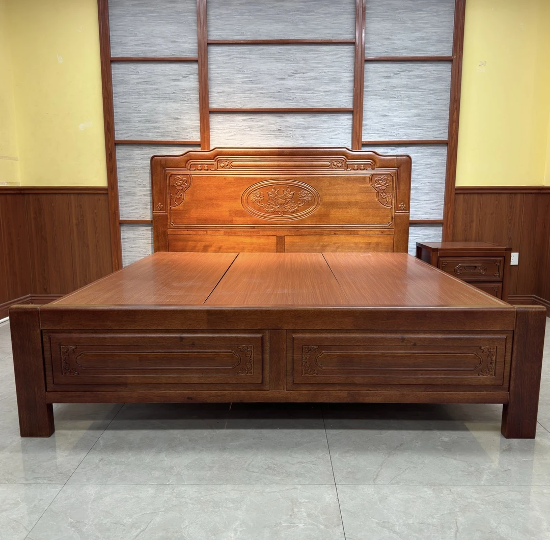 全榫卯古典床全实木1.8米双人床家用主卧大床雕花简约仿古床高箱