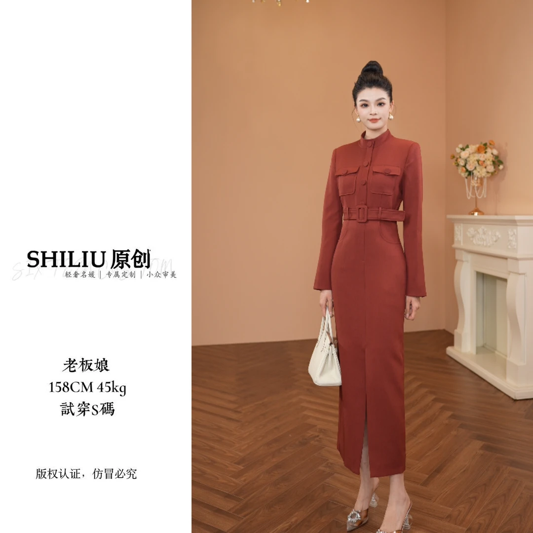 【十六定制】秋装新款女装气场强大圆领长袖连衣裙过膝长裙61127