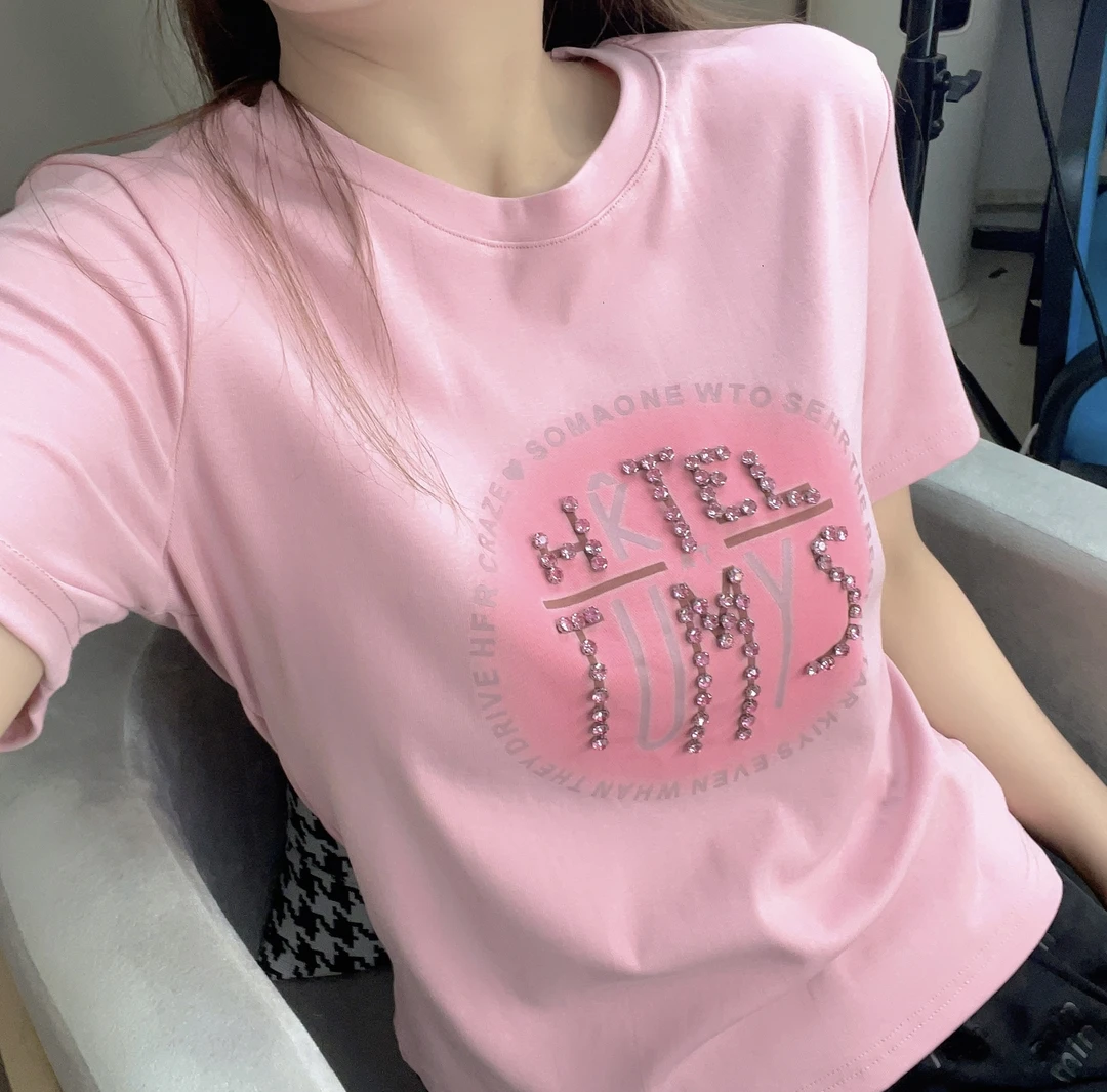 【钉钻】夏季重工气质显瘦设计感女士时尚百搭圆领T恤