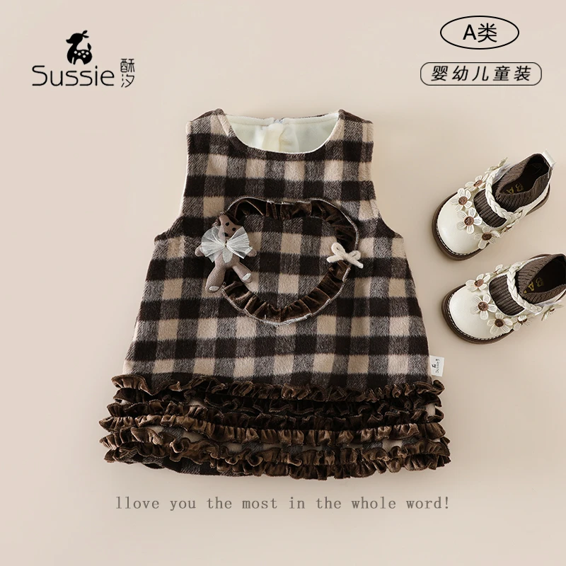 *女童连衣裙2025冬装儿童小香风公主裙加绒冬女宝宝背心裙呢子裙